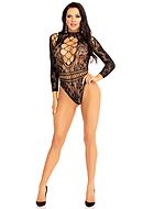 Seductive teddy, stretch net, floral lace, long sleeves, turtle neck, net inlay